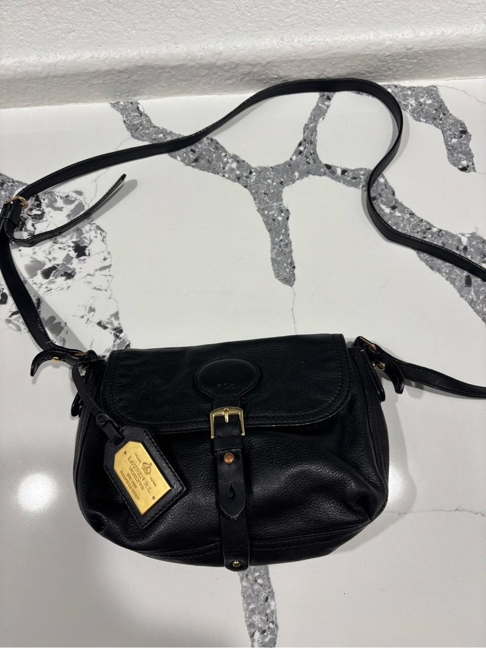 Vintage Ralph Lauren black leather crossbody bag gold accents